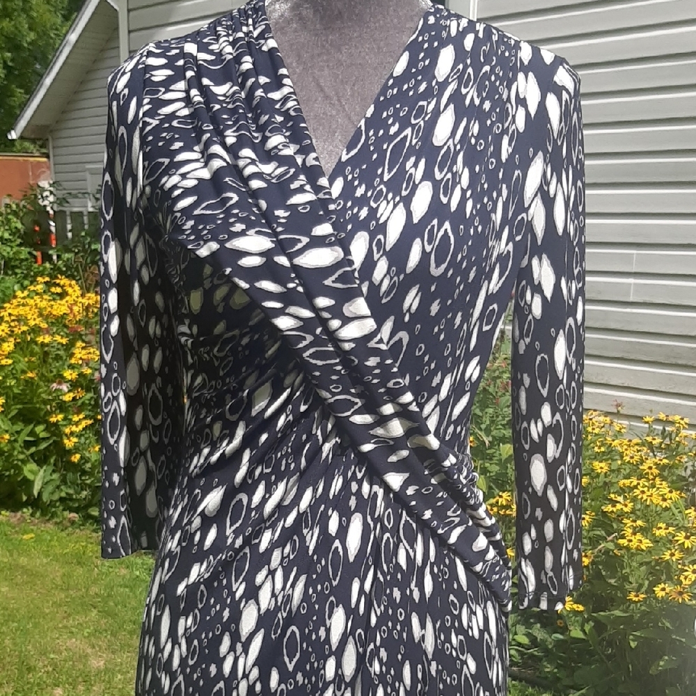 PLANET💙Stretch Knit NAVY Patterned Lined Side Twist  Dress LIKE NEW Size 8
